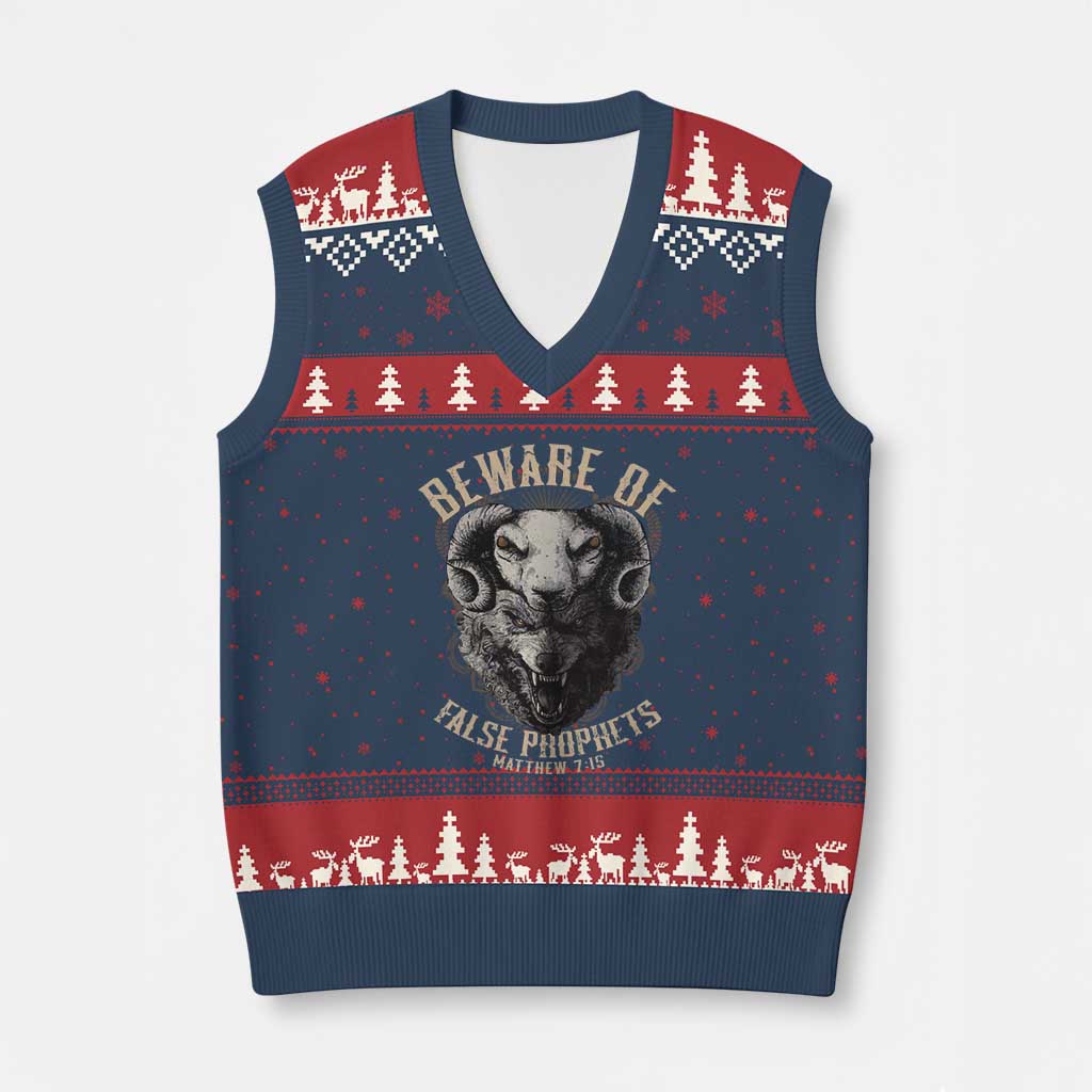 Beware Of False Prophets V-Neck Knit Sweater Vest Christian Sheep Wolf - Wonder Print Shop