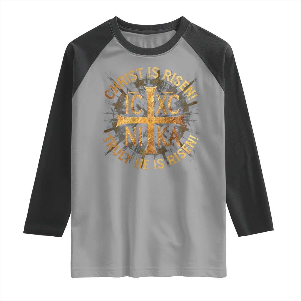Orthodox Easter Christian Raglan Shirt Christ Is Risen He Is Risen Greek NIKA Cross