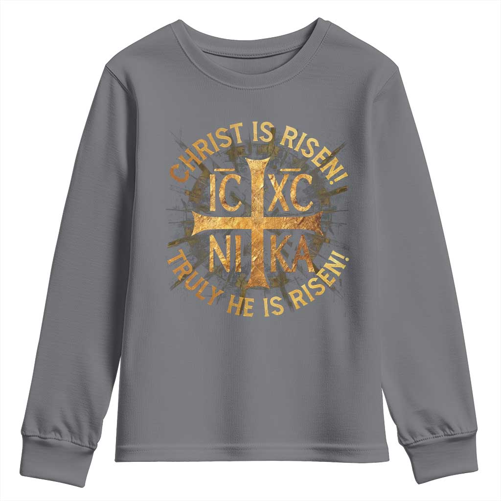 Orthodox Easter Christian Youth Sweatshirt Christ Is Risen He Is Risen Greek NIKA Cross