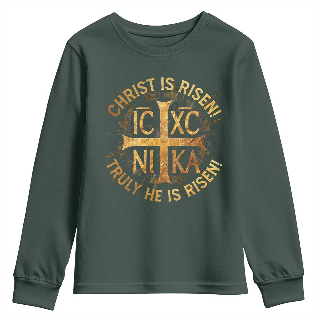 Orthodox Easter Christian Youth Sweatshirt Christ Is Risen He Is Risen Greek NIKA Cross