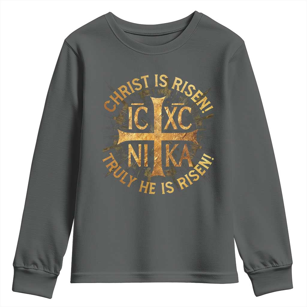 Orthodox Easter Christian Youth Sweatshirt Christ Is Risen He Is Risen Greek NIKA Cross