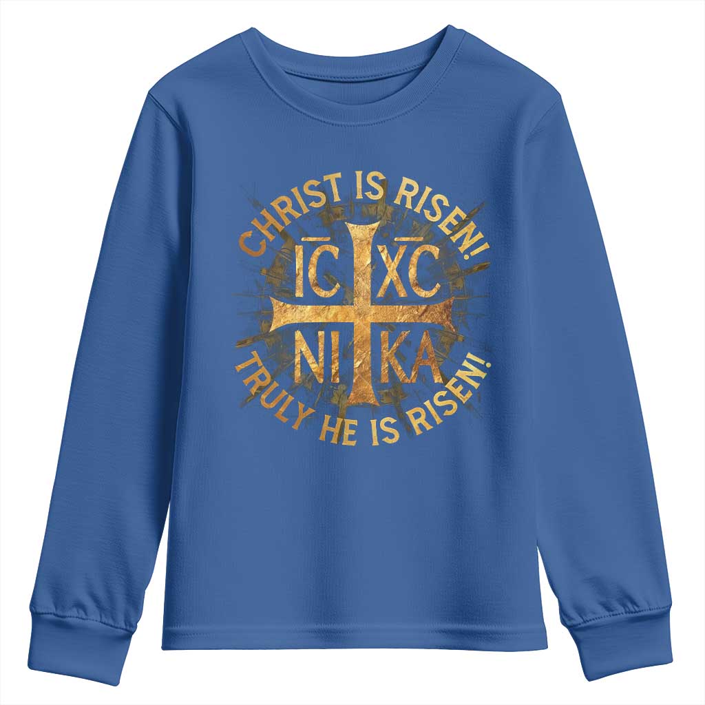 Orthodox Easter Christian Youth Sweatshirt Christ Is Risen He Is Risen Greek NIKA Cross