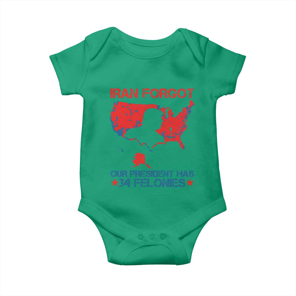 Iran Forgot Our President Has 34 Felonies Baby Onesie Vintage USA Red Wave Map