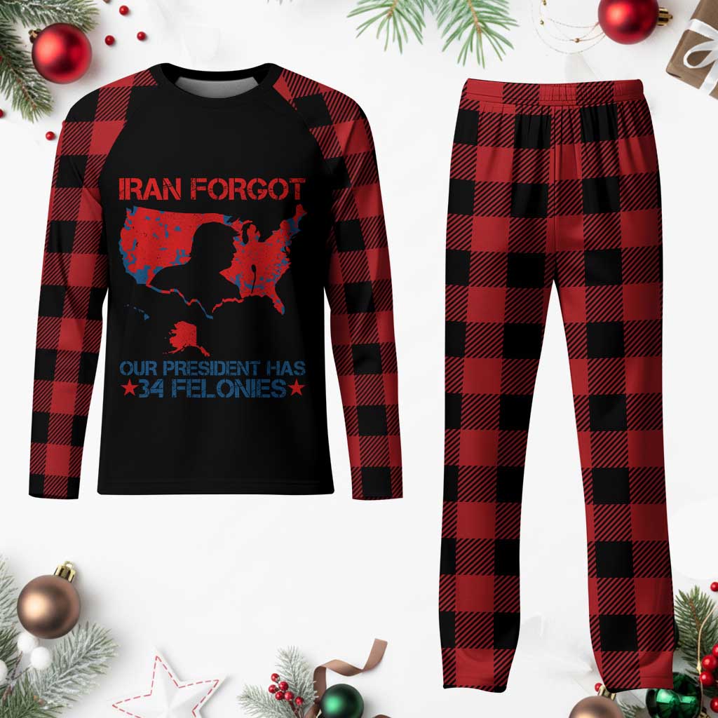 Iran Forgot Our President Has 34 Felonies Plaid Pajama Set Vintage USA Red Wave Map