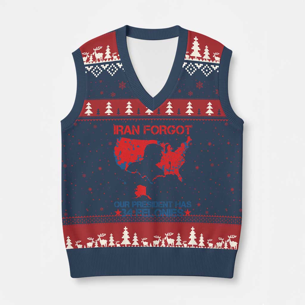 Iran Forgot Our President Has 34 Felonies V-Neck Knit Sweater Vest Vintage USA Red Wave Map
