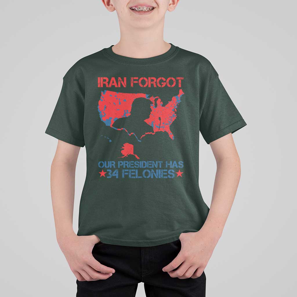 Iran Forgot Our President Has 34 Felonies T Shirt For Kid Vintage USA Red Wave Map