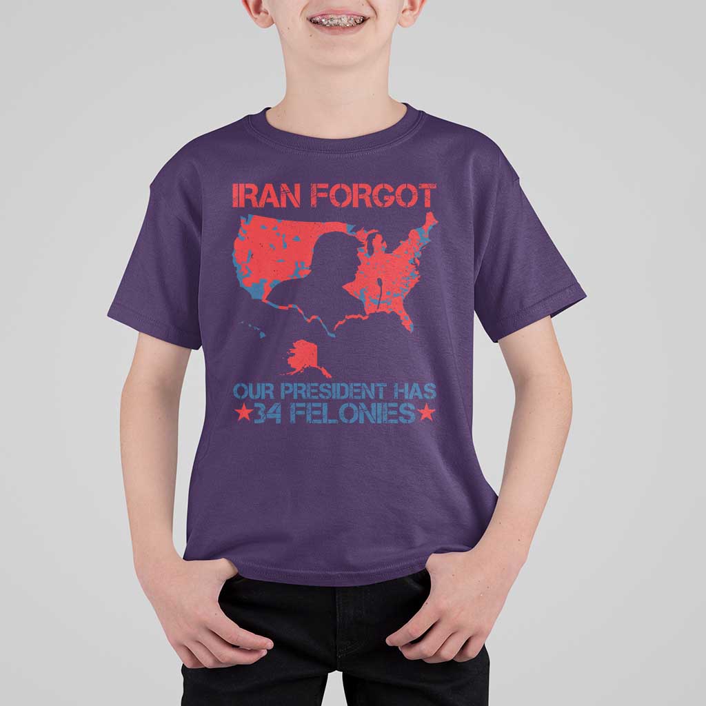 Iran Forgot Our President Has 34 Felonies T Shirt For Kid Vintage USA Red Wave Map