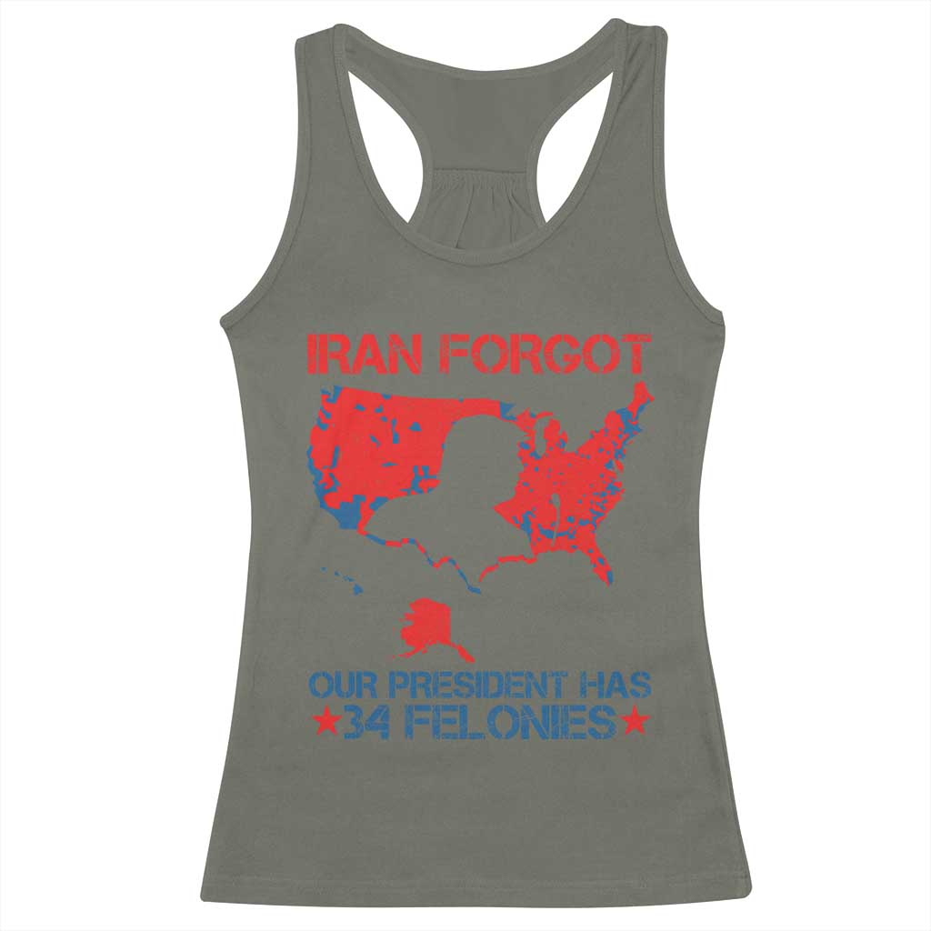 Iran Forgot Our President Has 34 Felonies Racerback Tank Top Vintage USA Red Wave Map