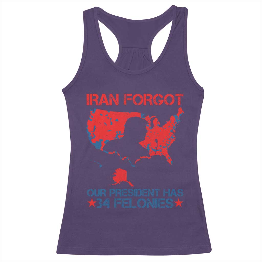 Iran Forgot Our President Has 34 Felonies Racerback Tank Top Vintage USA Red Wave Map