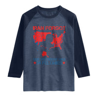 Iran Forgot Our President Has 34 Felonies Raglan Shirt Vintage USA Red Wave Map