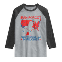 Iran Forgot Our President Has 34 Felonies Raglan Shirt Vintage USA Red Wave Map