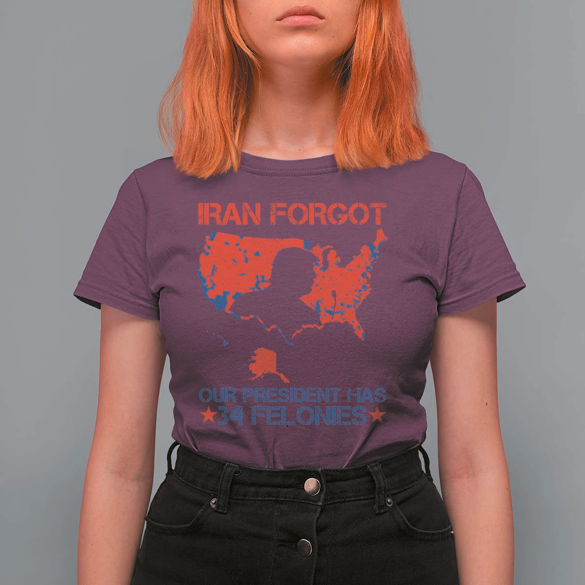 Iran Forgot Our President Has 34 Felonies T Shirt For Women Vintage USA Red Wave Map