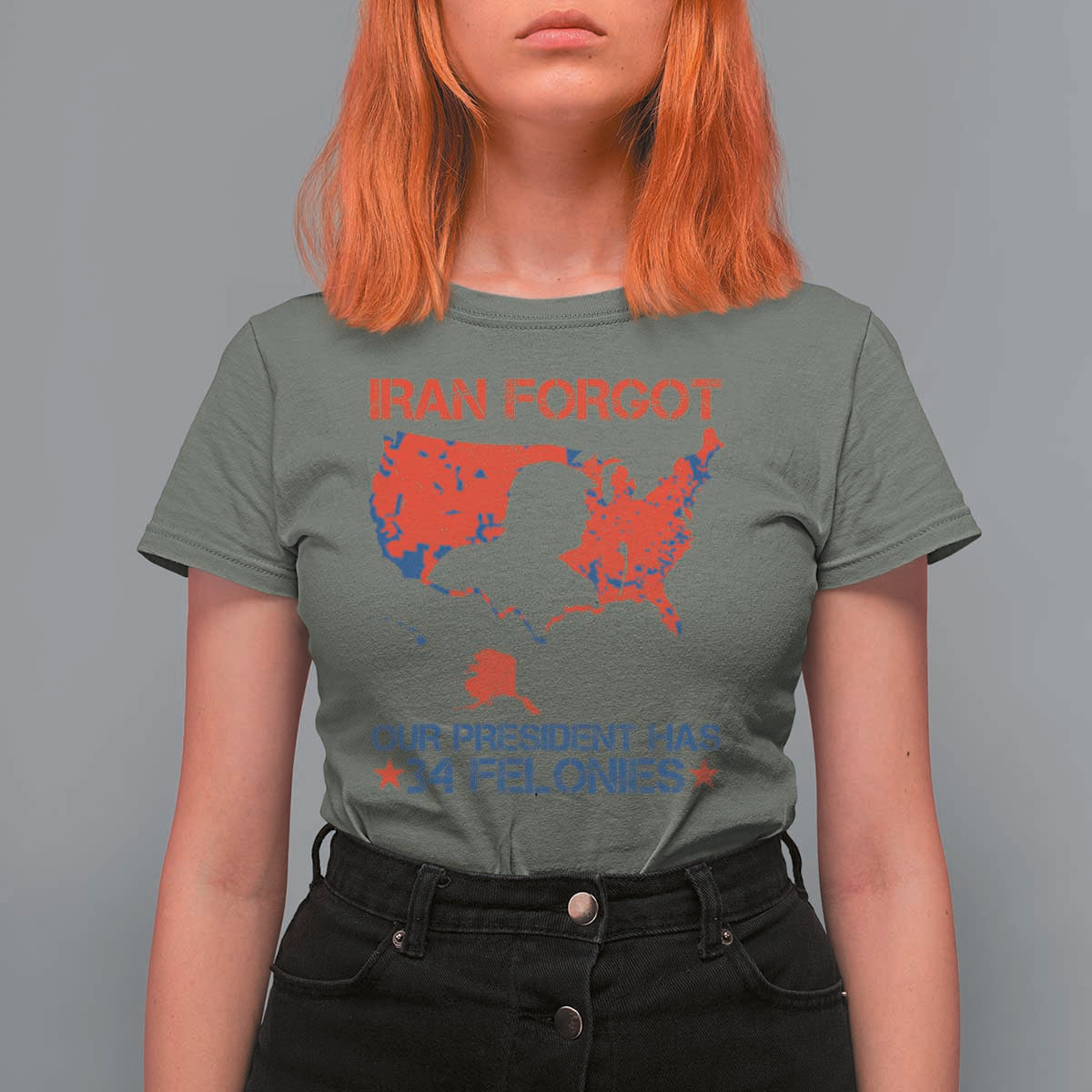 Iran Forgot Our President Has 34 Felonies T Shirt For Women Vintage USA Red Wave Map