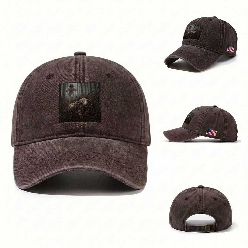 Christian Biblical Parable Of Lost Sheep Scene Washed Cotton Baseball Cap Funny Photo