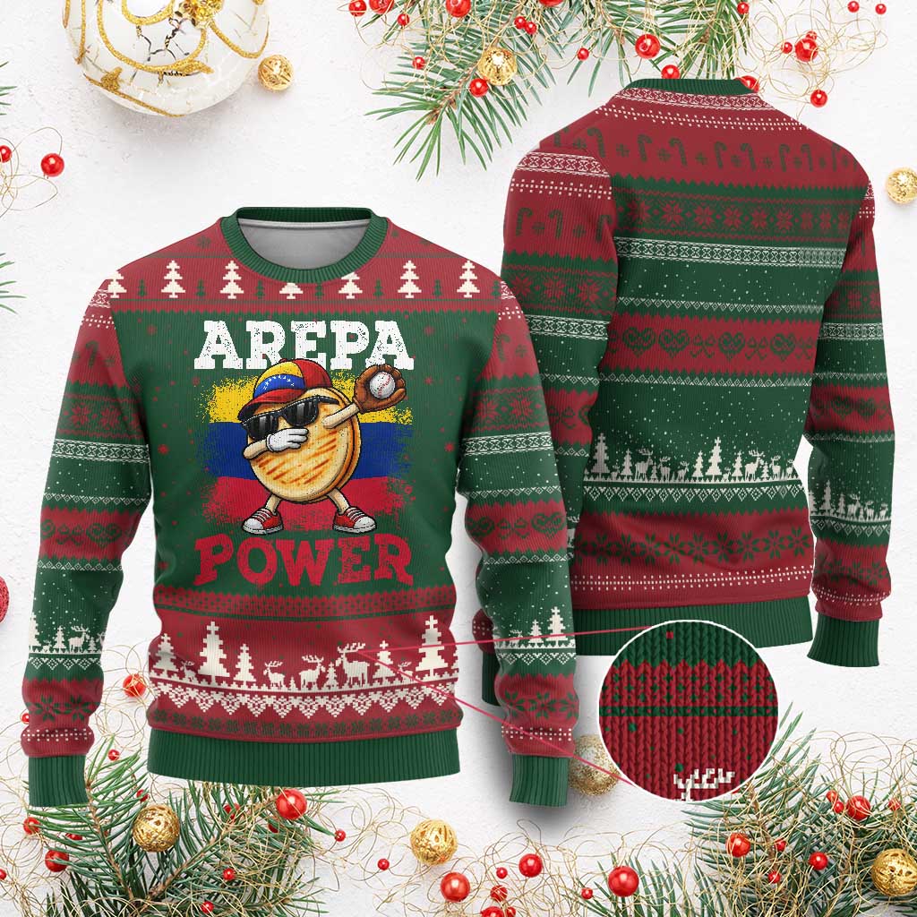 Funny Arepa Power Venezuela Baseball Lover Ugly Christmas Sweater Cute Dabbing Arepa