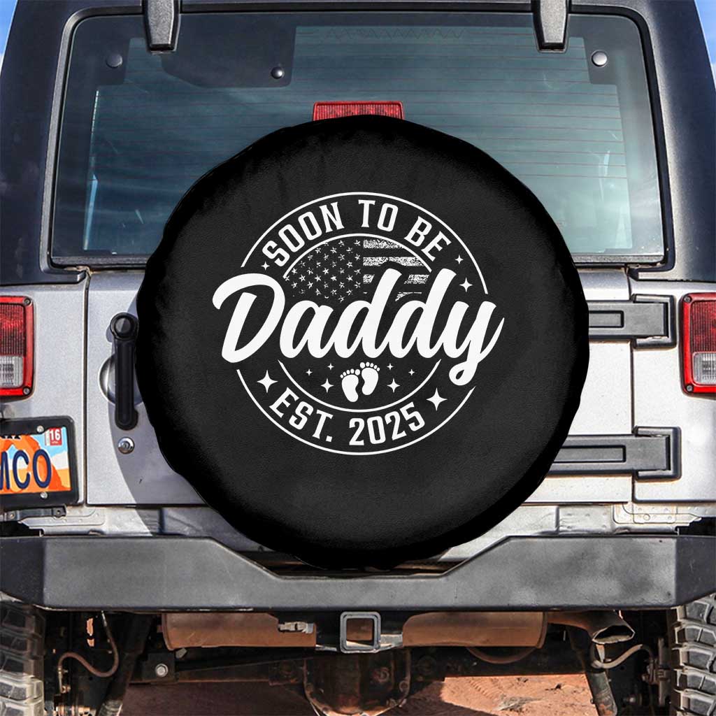 Funny Promoted To Daddy 2025 Spare Tire Cover Newborn Vintage American Flag Baby Footprint