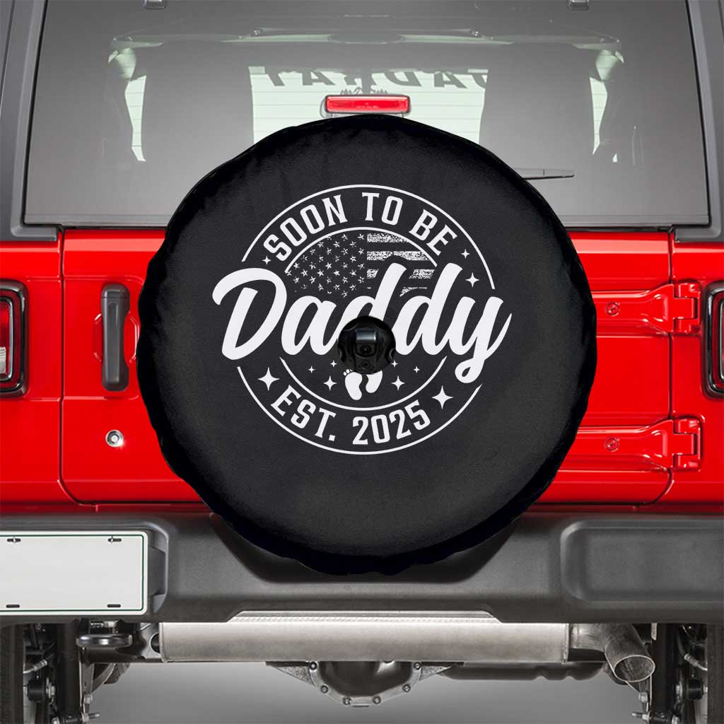 Funny Promoted To Daddy 2025 Spare Tire Cover Newborn Vintage American Flag Baby Footprint