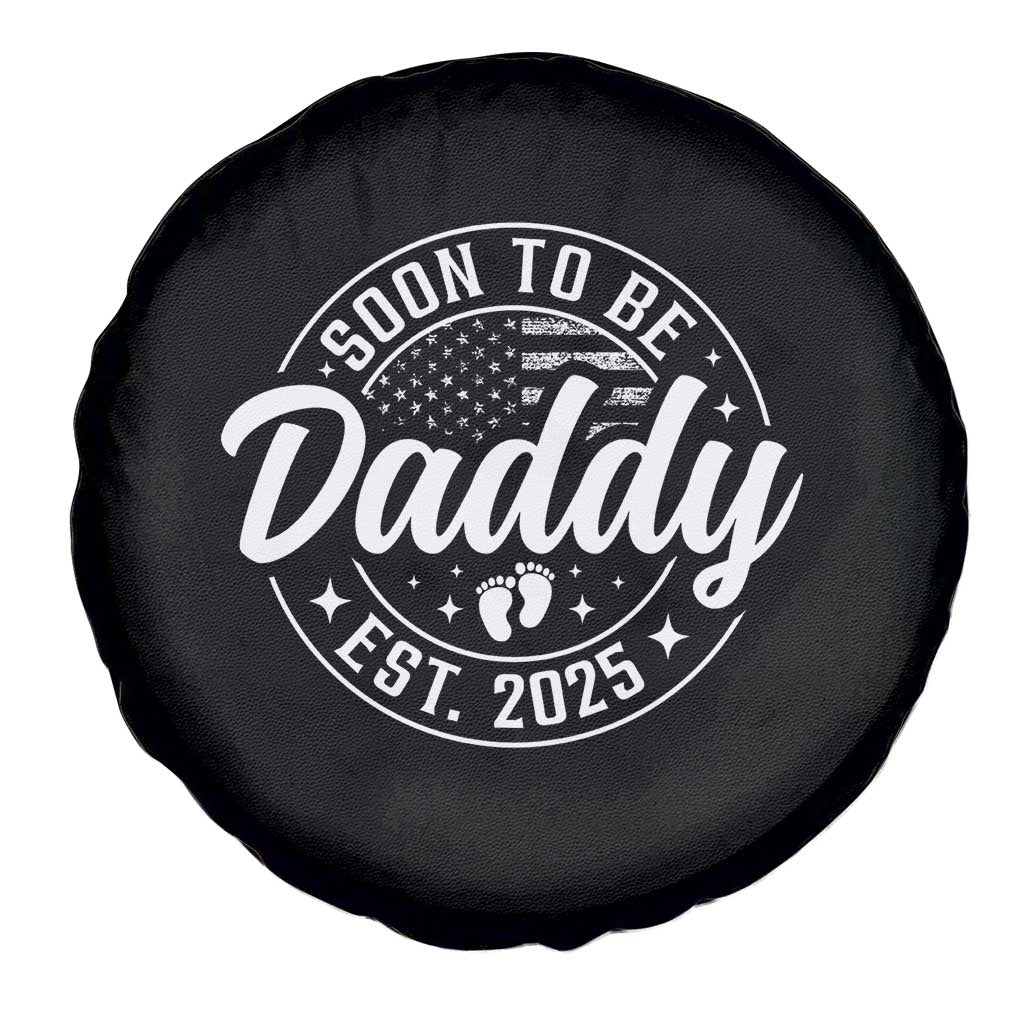 Funny Promoted To Daddy 2025 Spare Tire Cover Newborn Vintage American Flag Baby Footprint