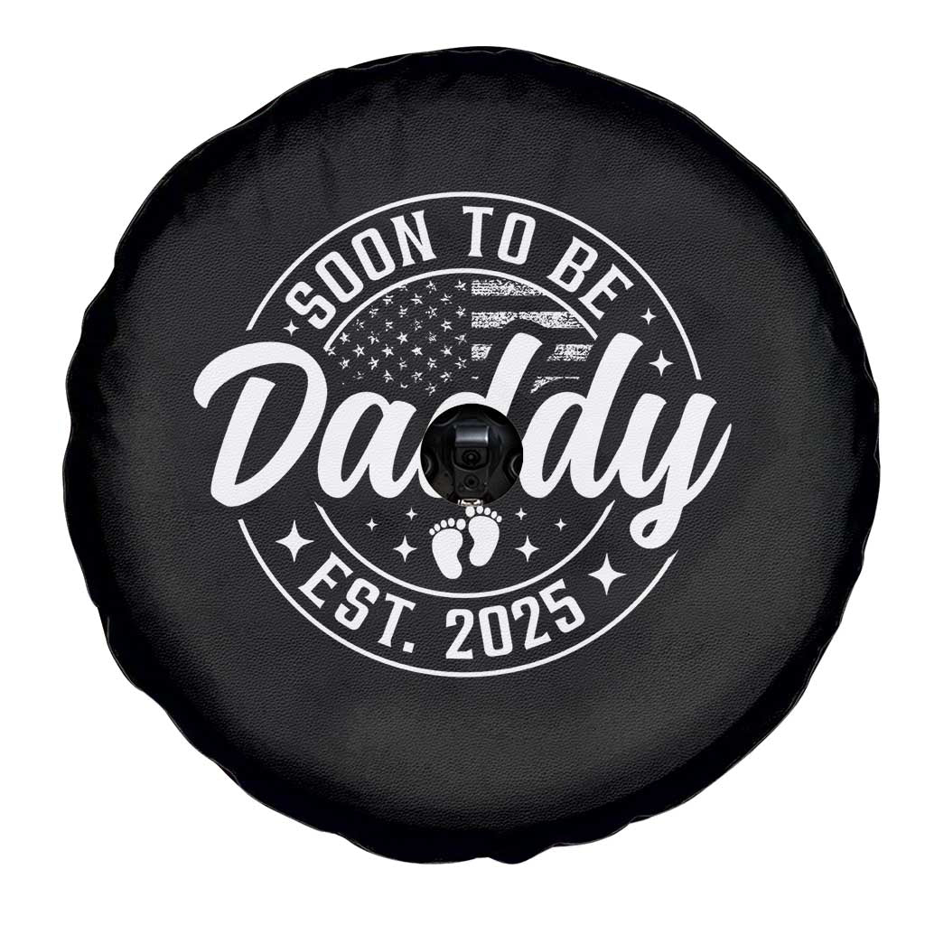 Funny Promoted To Daddy 2025 Spare Tire Cover Newborn Vintage American Flag Baby Footprint