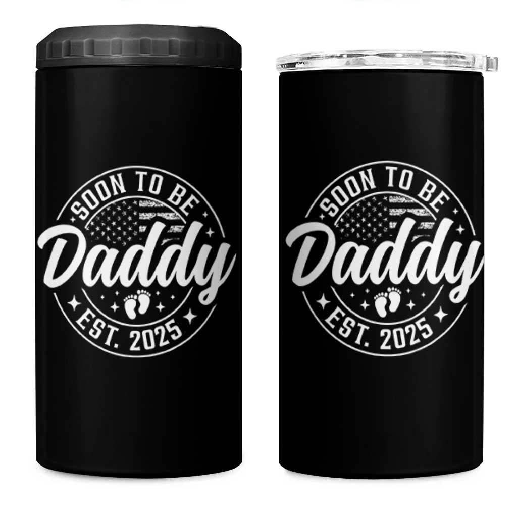 Funny Promoted To Daddy 2025 4 in 1 Can Cooler Tumbler Newborn Vintage American Flag Baby Footprint