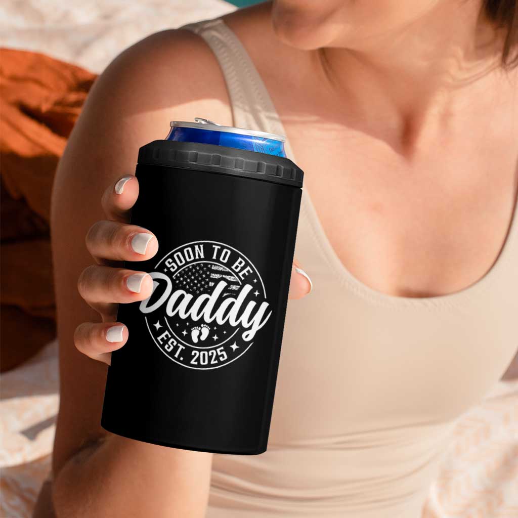 Funny Promoted To Daddy 2025 4 in 1 Can Cooler Tumbler Newborn Vintage American Flag Baby Footprint