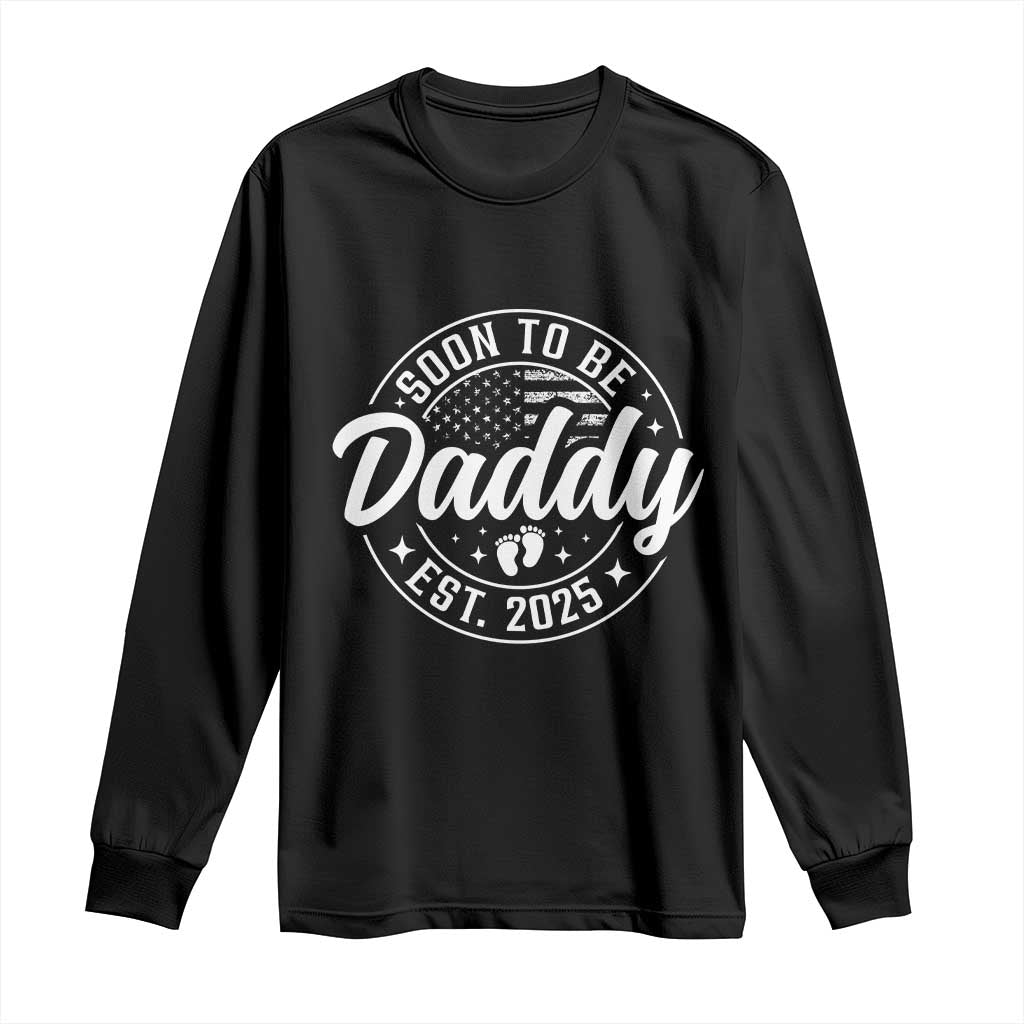 Funny Promoted To Daddy 2025 Long Sleeve Shirt Newborn Vintage American Flag Baby Footprint