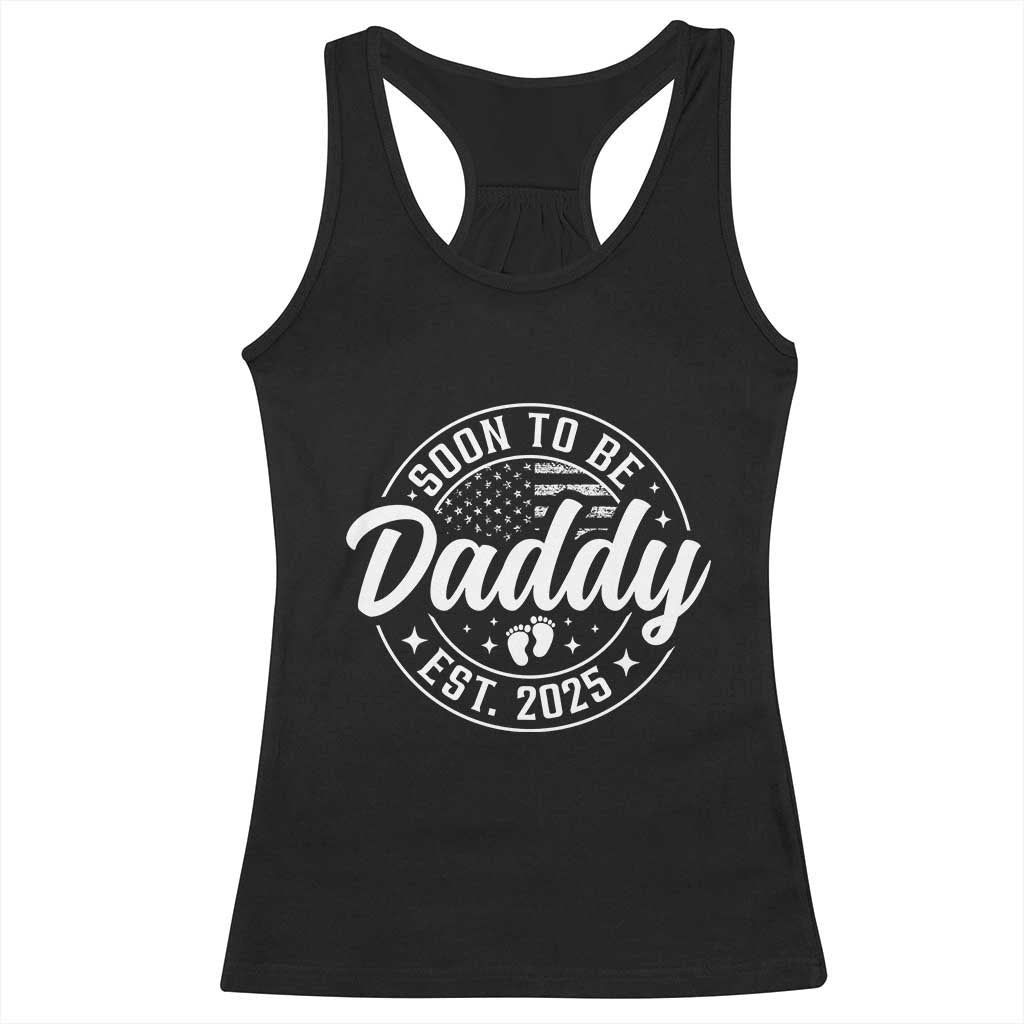 Funny Promoted To Daddy 2025 Racerback Tank Top Newborn Vintage American Flag Baby Footprint