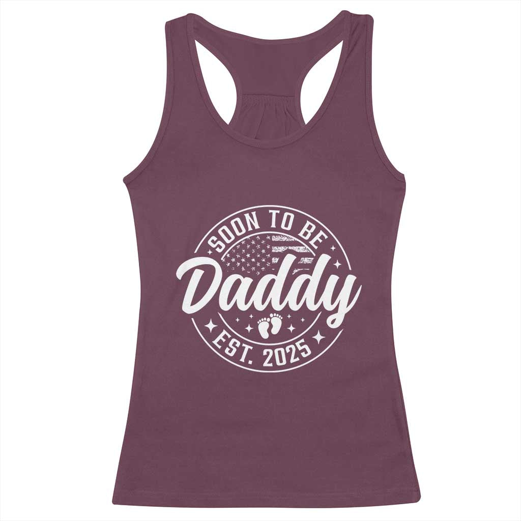 Funny Promoted To Daddy 2025 Racerback Tank Top Newborn Vintage American Flag Baby Footprint