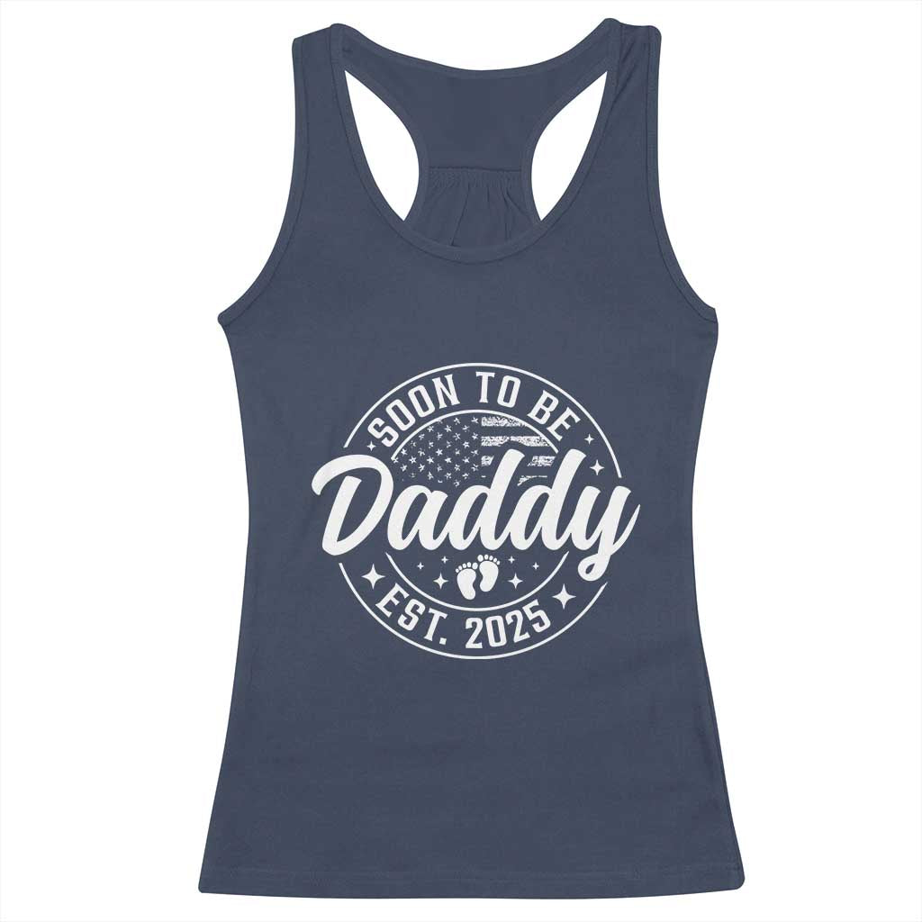Funny Promoted To Daddy 2025 Racerback Tank Top Newborn Vintage American Flag Baby Footprint