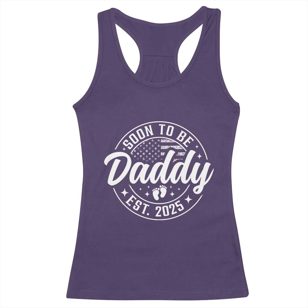 Funny Promoted To Daddy 2025 Racerback Tank Top Newborn Vintage American Flag Baby Footprint