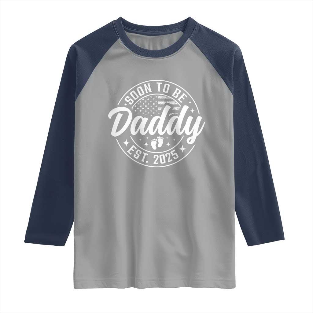 Funny Promoted To Daddy 2025 Raglan Shirt Newborn Vintage American Flag Baby Footprint