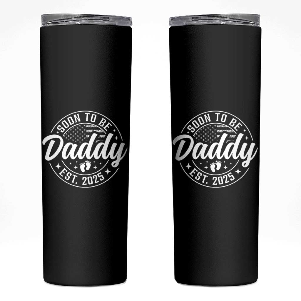 Funny Promoted To Daddy 2025 Skinny Tumbler Newborn Vintage American Flag Baby Footprint