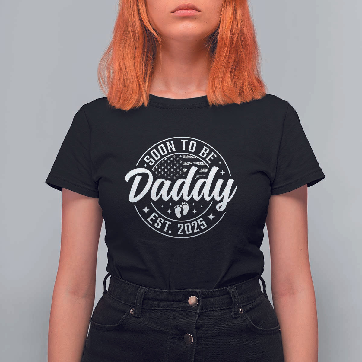 Funny Promoted To Daddy 2025 T Shirt For Women Newborn Vintage American Flag Baby Footprint