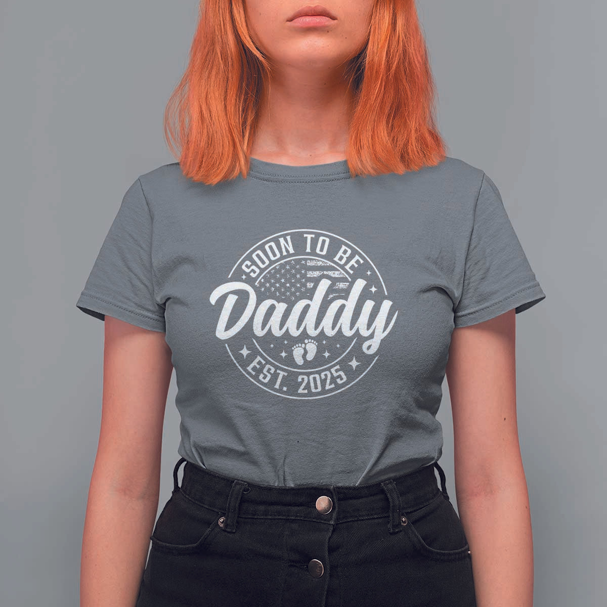 Funny Promoted To Daddy 2025 T Shirt For Women Newborn Vintage American Flag Baby Footprint