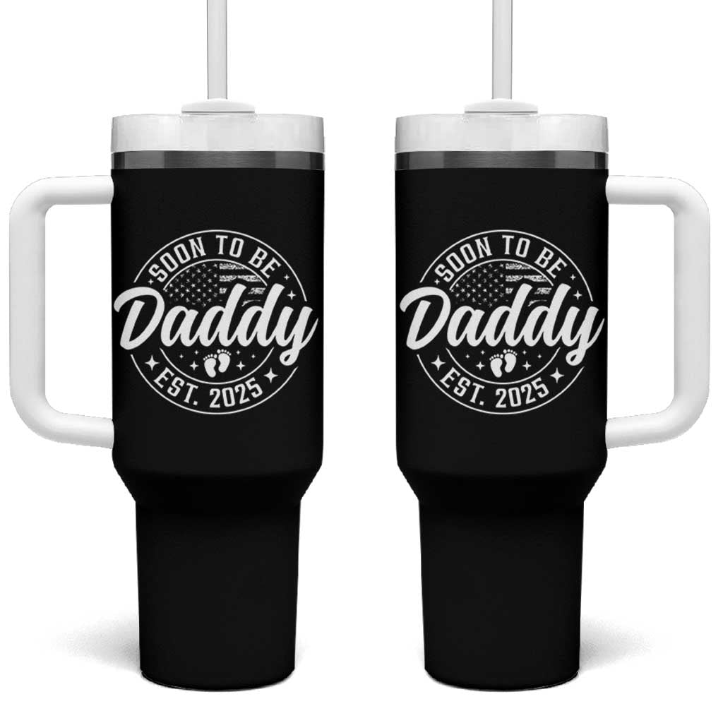 Funny Promoted To Daddy 2025 Tumbler With Handle Newborn Vintage American Flag Baby Footprint