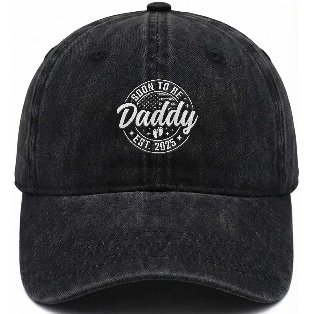 Funny Promoted To Daddy 2025 Washed Cotton Baseball Cap Newborn Vintage American Flag Baby Footprint