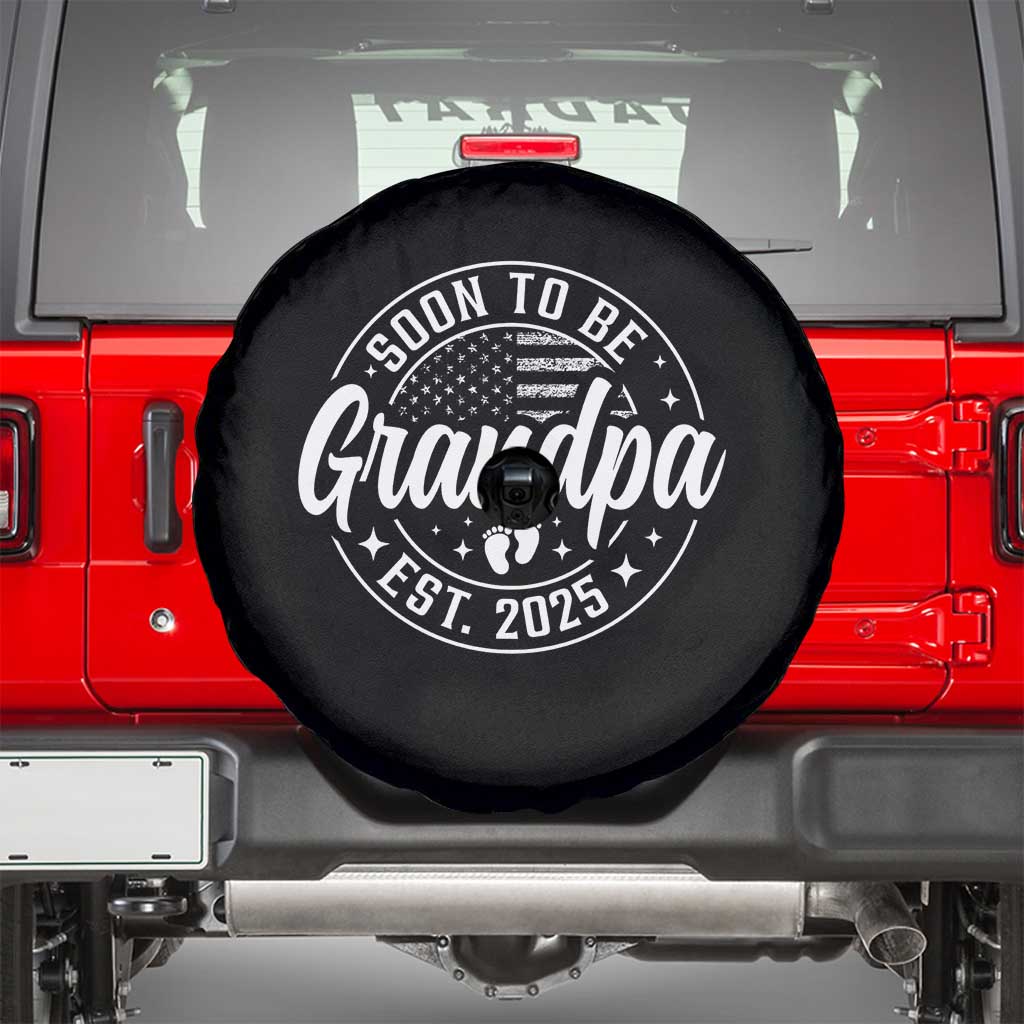 Funny Promoted To Grandpa 2025 Spare Tire Cover Newborn Vintage American Flag Baby Footprint