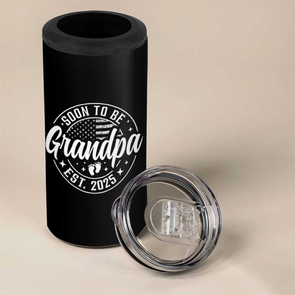 Funny Promoted To Grandpa 2025 4 in 1 Can Cooler Tumbler Newborn Vintage American Flag Baby Footprint