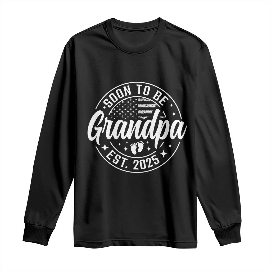 Funny Promoted To Grandpa 2025 Long Sleeve Shirt Newborn Vintage American Flag Baby Footprint