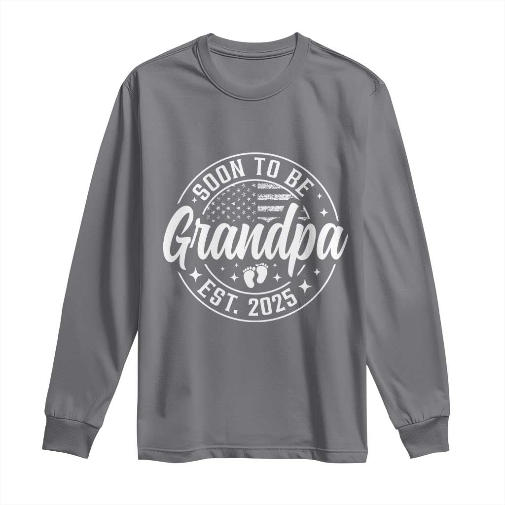 Funny Promoted To Grandpa 2025 Long Sleeve Shirt Newborn Vintage American Flag Baby Footprint
