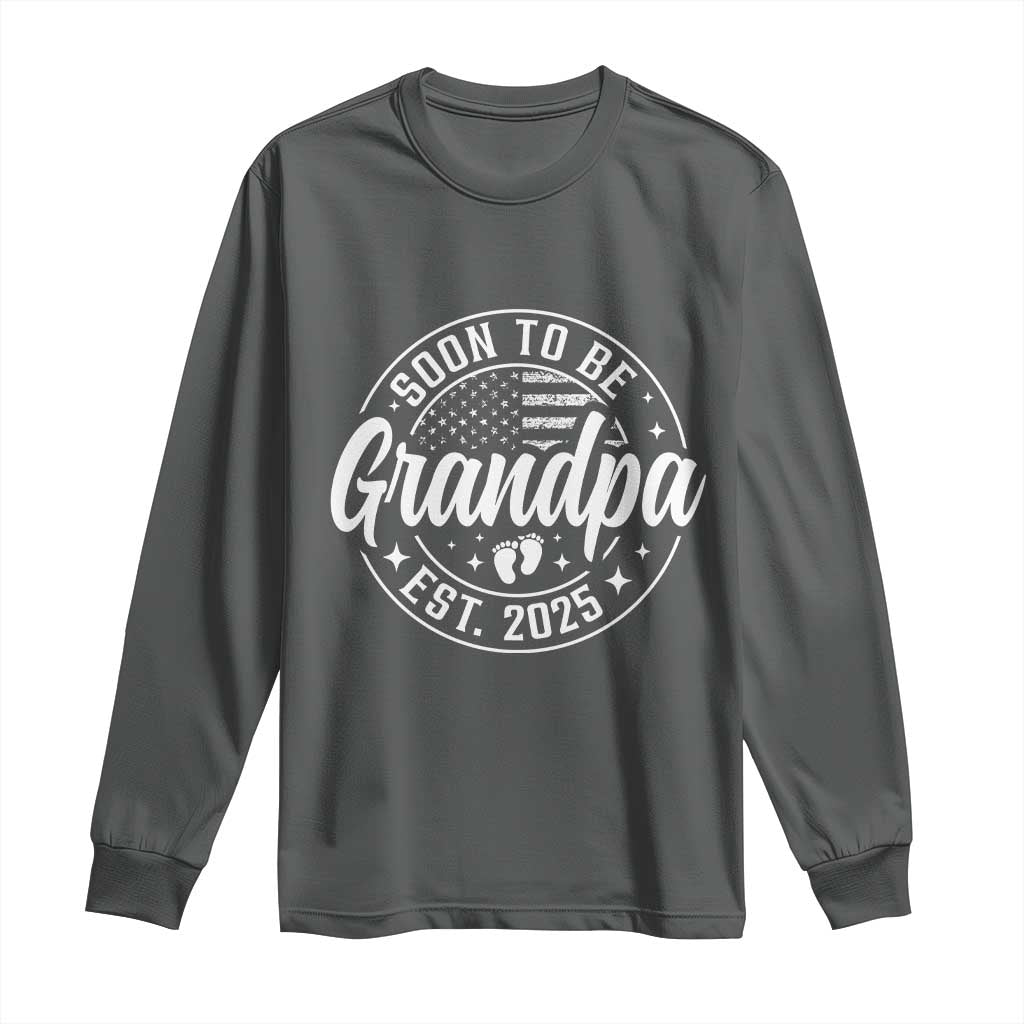 Funny Promoted To Grandpa 2025 Long Sleeve Shirt Newborn Vintage American Flag Baby Footprint