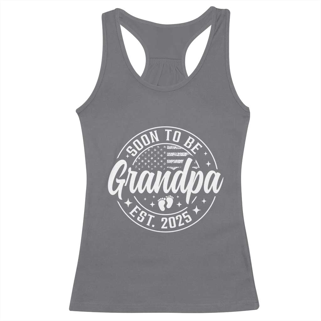 Funny Promoted To Grandpa 2025 Racerback Tank Top Newborn Vintage American Flag Baby Footprint