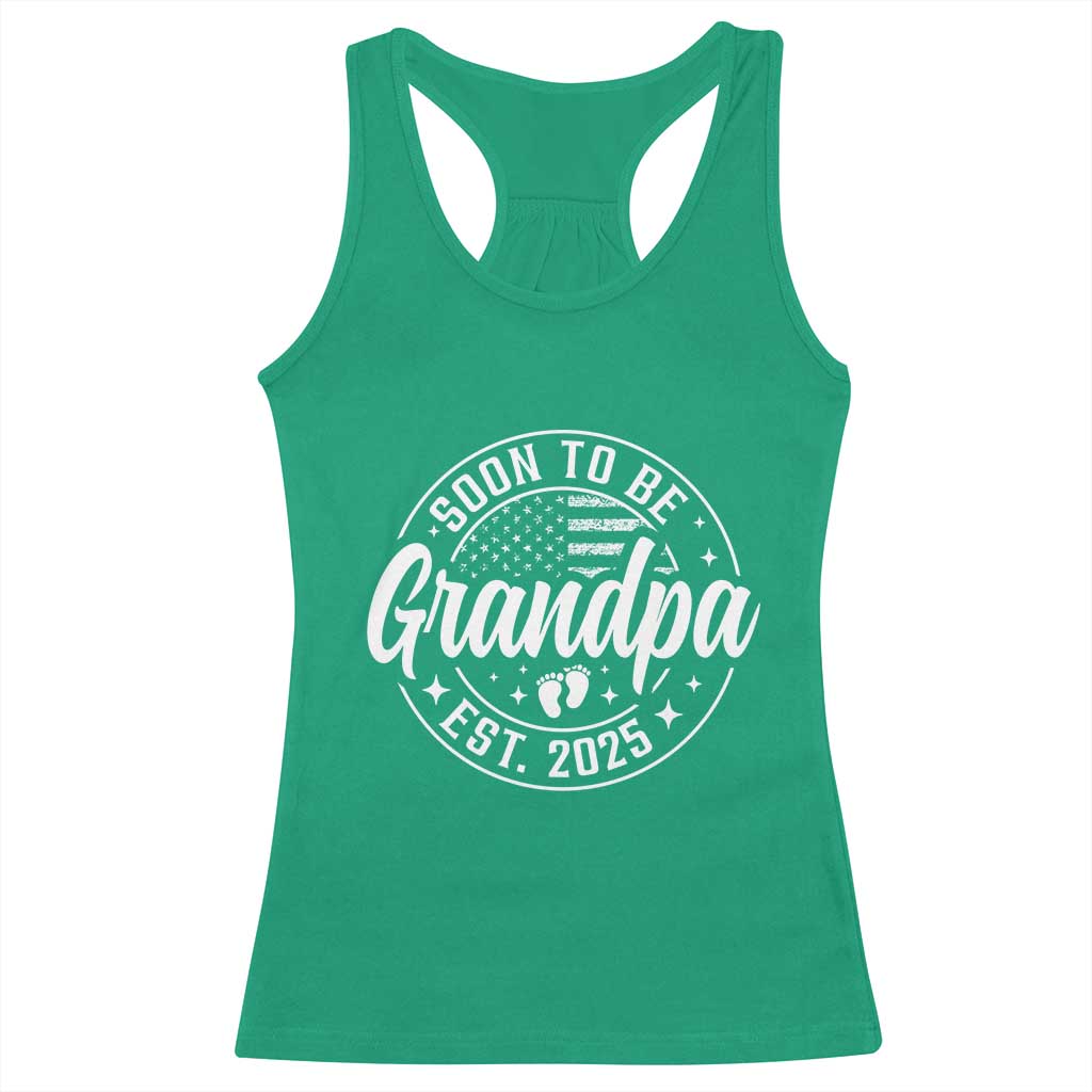 Funny Promoted To Grandpa 2025 Racerback Tank Top Newborn Vintage American Flag Baby Footprint
