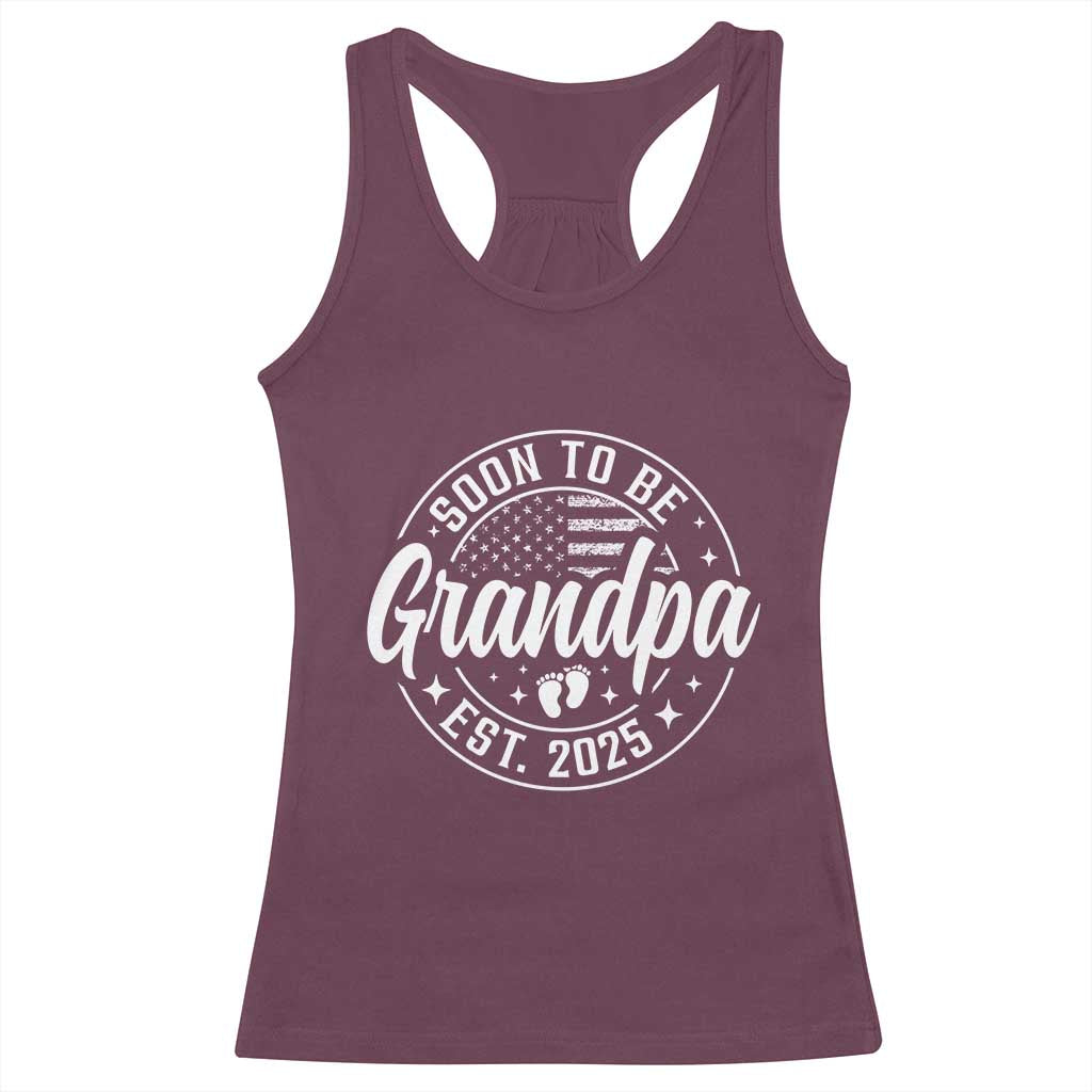 Funny Promoted To Grandpa 2025 Racerback Tank Top Newborn Vintage American Flag Baby Footprint