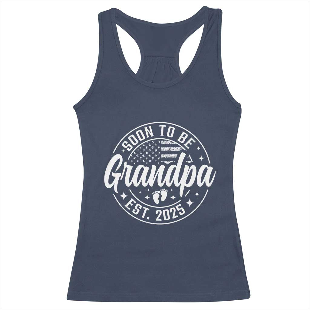 Funny Promoted To Grandpa 2025 Racerback Tank Top Newborn Vintage American Flag Baby Footprint