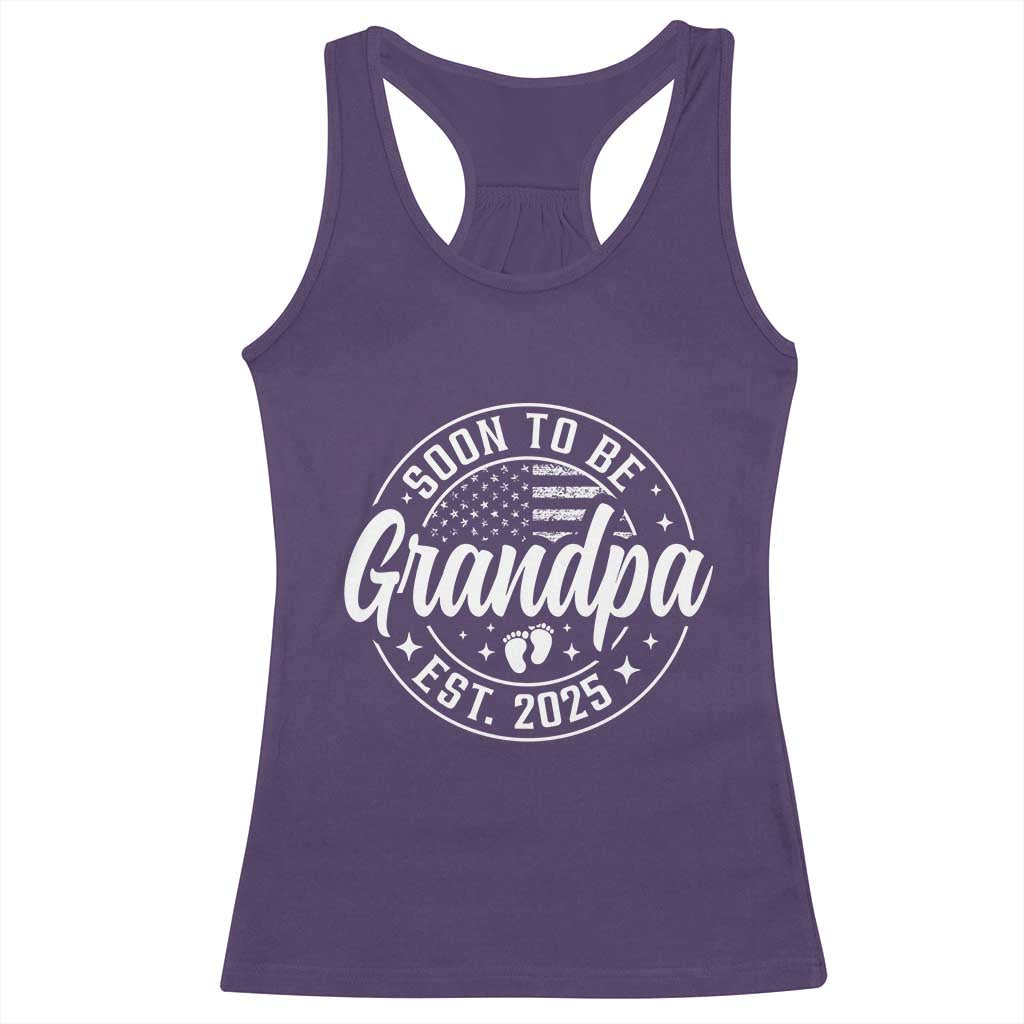 Funny Promoted To Grandpa 2025 Racerback Tank Top Newborn Vintage American Flag Baby Footprint