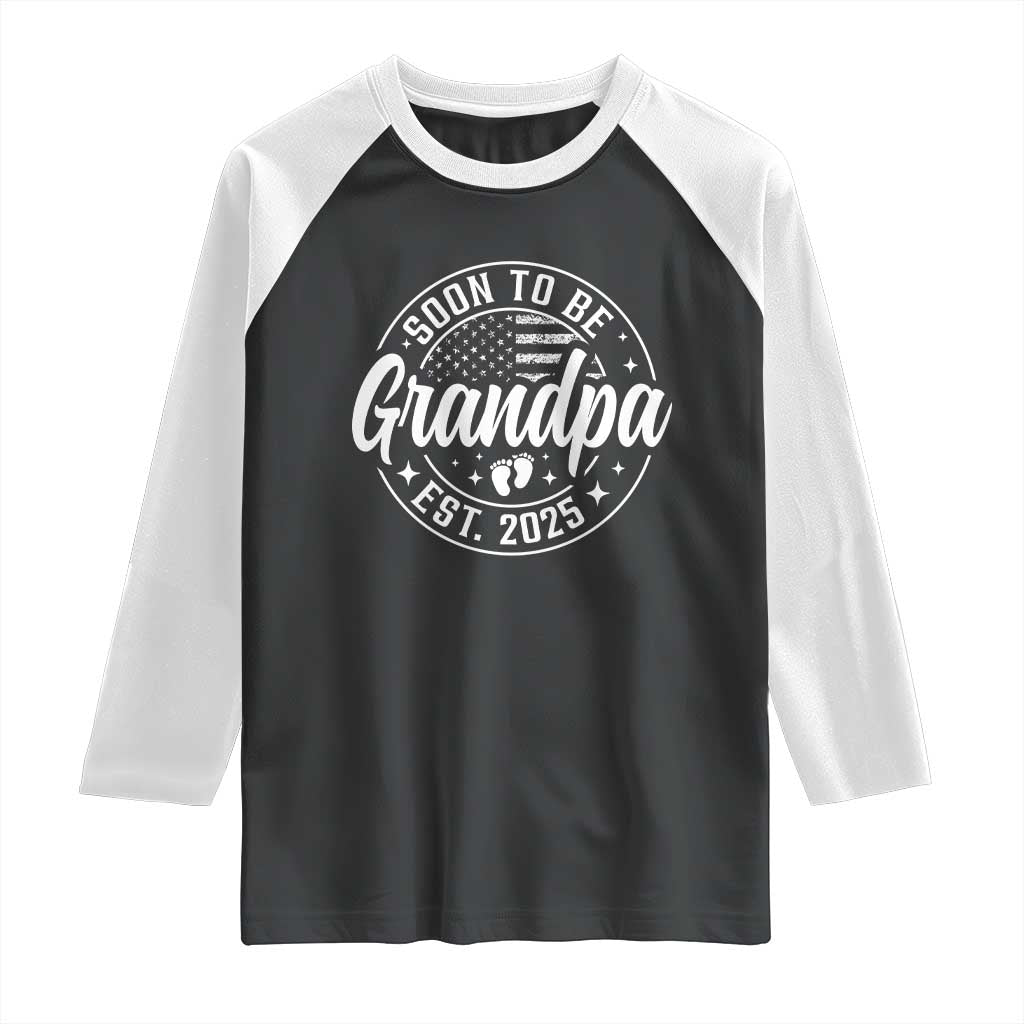 Funny Promoted To Grandpa 2025 Raglan Shirt Newborn Vintage American Flag Baby Footprint