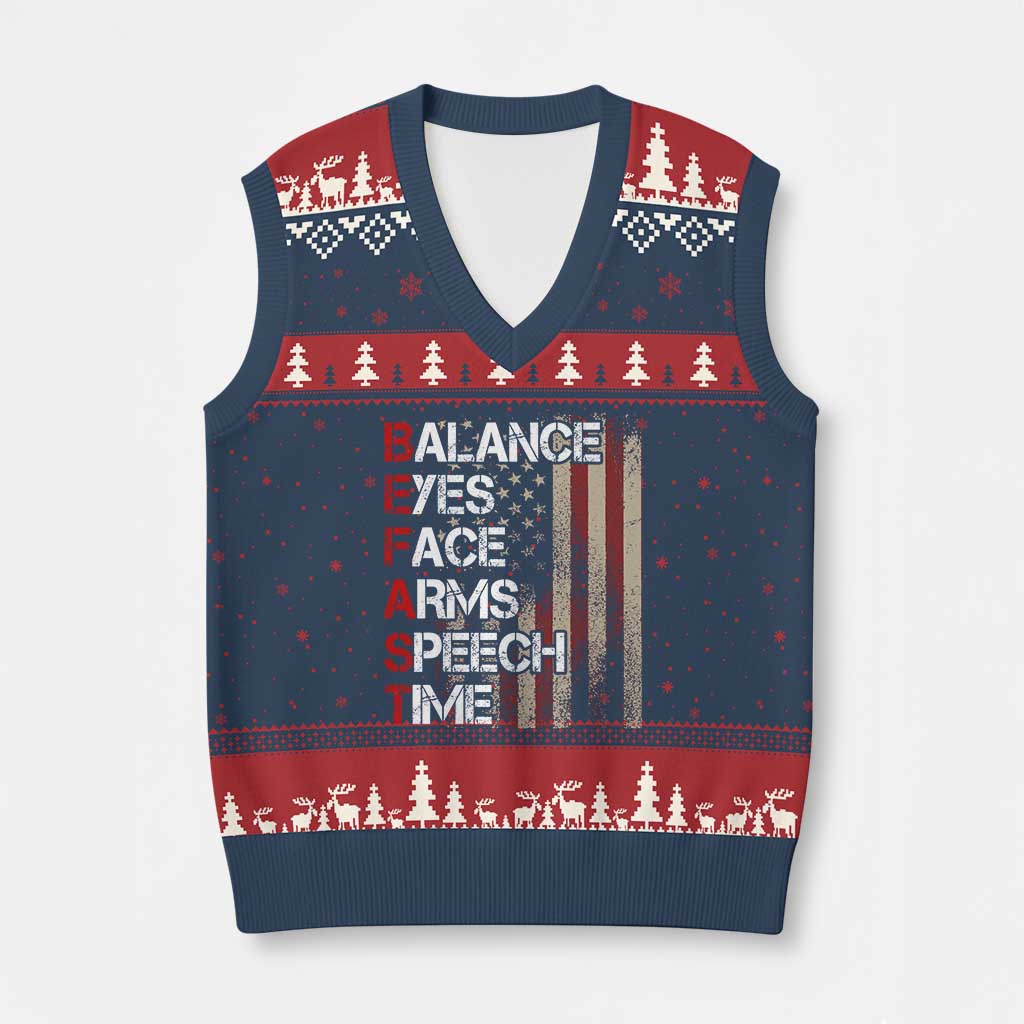 Stroke Awareness V-Neck Knit Sweater Vest BEFAST Stroke Symptoms Vintage American Flag