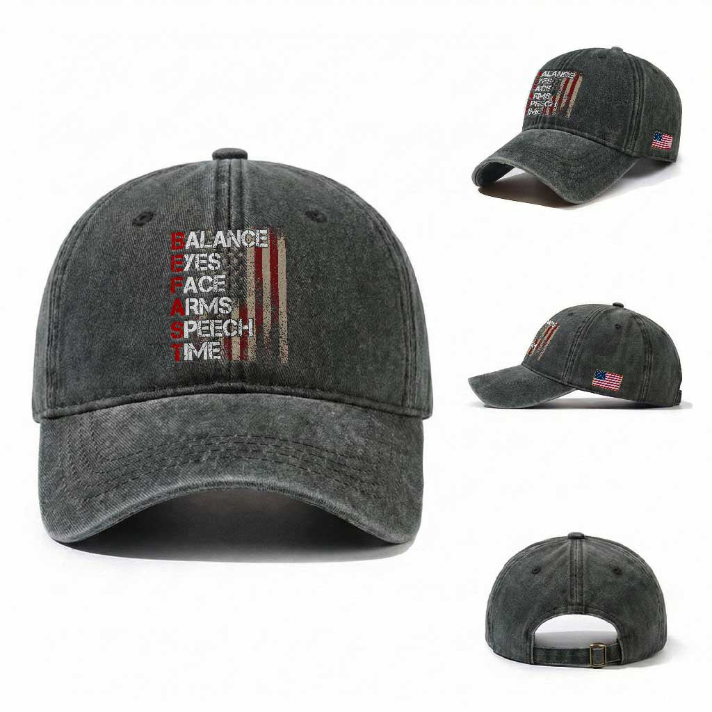 Stroke Awareness Washed Cotton Baseball Cap BEFAST Stroke Symptoms Vintage American Flag