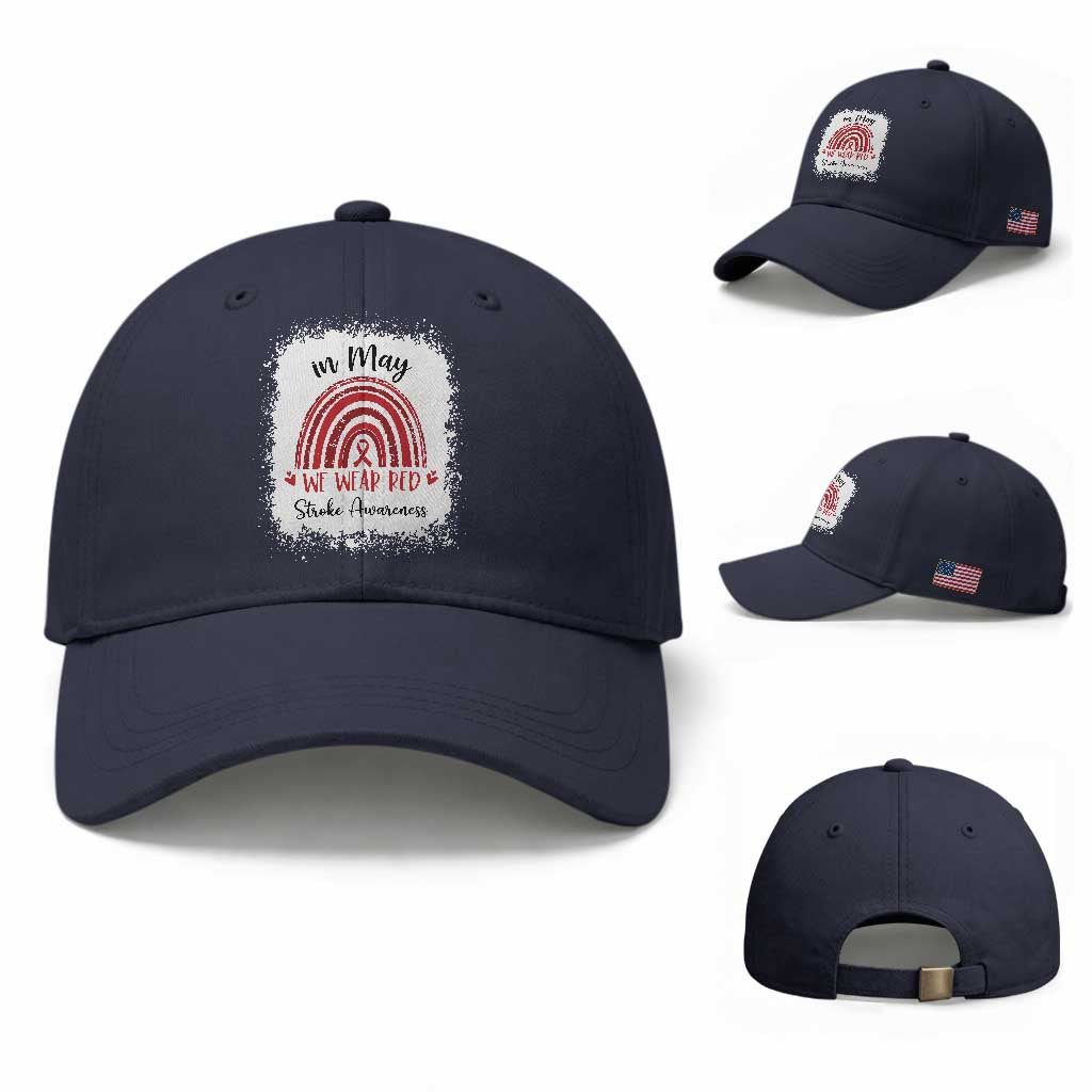 In May We Wear Red Stroke Awareness Baseball Cap Bleach Effect